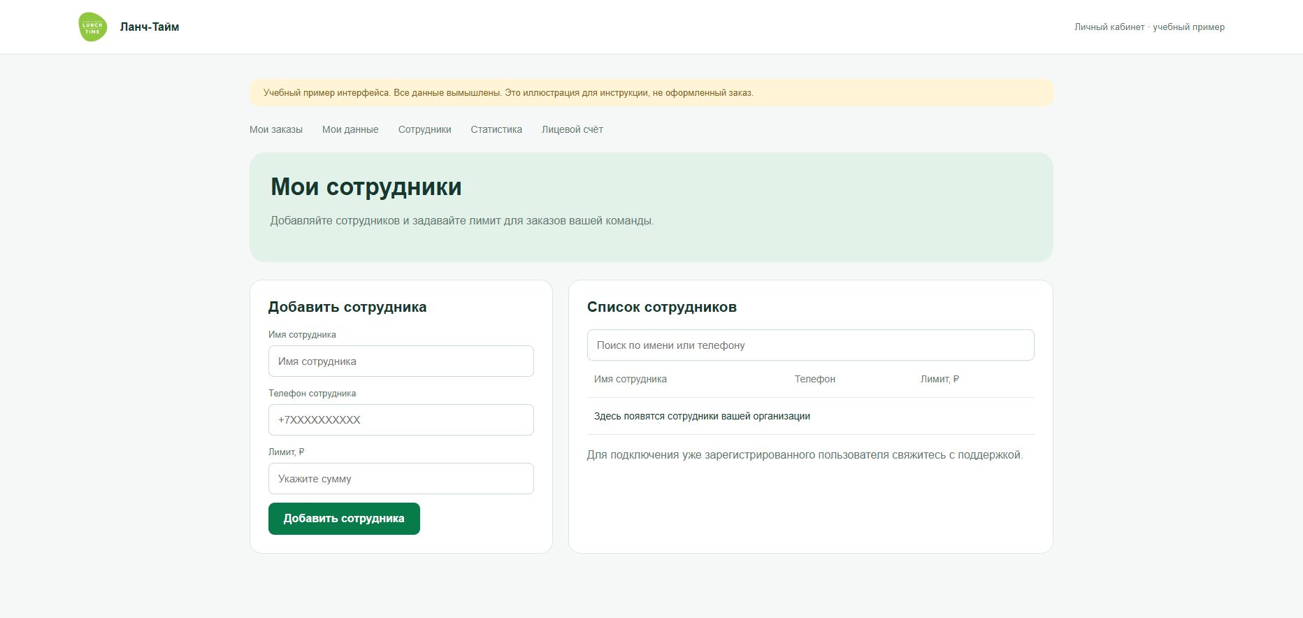 Сотрудники и лимиты — учебный экран с вымышленными данными