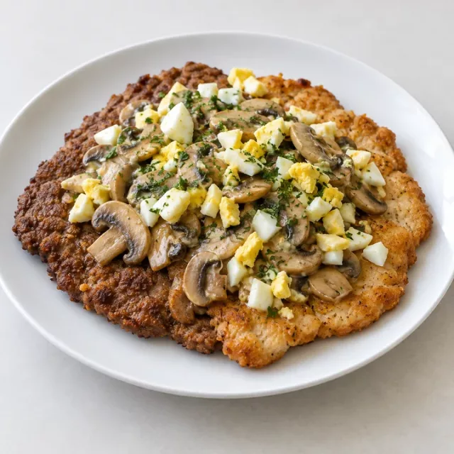 Шницель мясной рубленный, с яично-грибной шапочкой