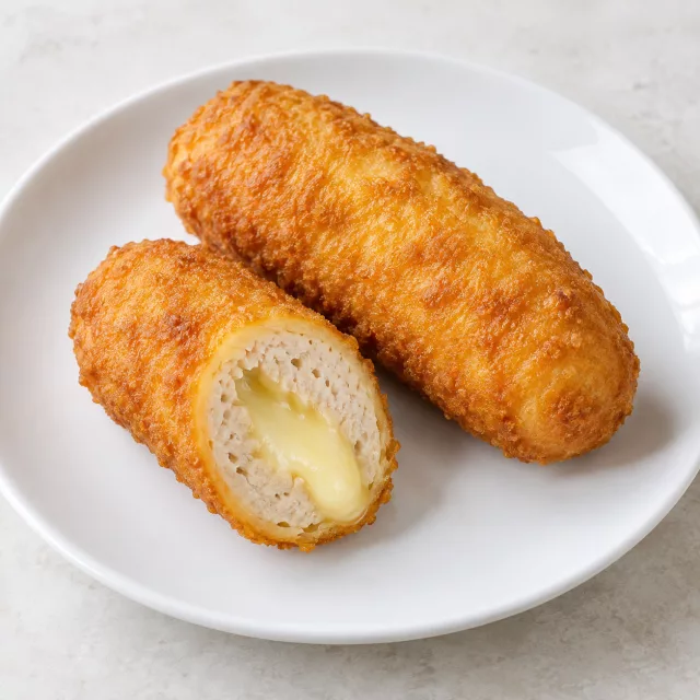 Куриная колбаска в кляре, фаршированная сыром