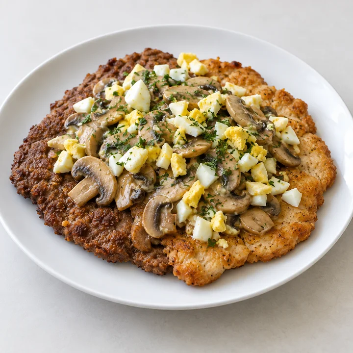 Шницель мясной рубленный, с яично-грибной шапочкой