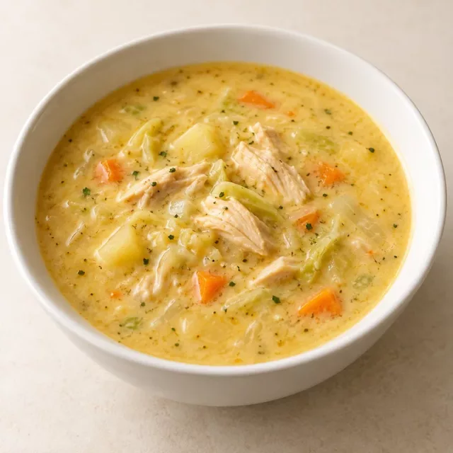 Суп-пюре с курицей, плавленным сырком и овощами